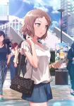  1girl bag blouse blue_shorts brown_hair cellphone cowboy_shot earrings forehead frilled_sleeves frills green_eyes handbag holding holding_phone iphone jewelry kira_tsubasa lace-trimmed_blouse lace_trim looking_away looking_to_the_side love_live! love_live!_school_idol_project parted_lips phone shamakho short_hair short_sleeves shorts sideways_glance smartphone solo wavy_hair white_blouse 