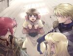  2boys 2girls acolyte_(ragnarok_online) armor assassin_(ragnarok_online) bandages bangs blonde_hair blue_eyes blush brown_capelet brown_hair brown_shirt cape capelet commentary_request eyebrows_visible_through_hair feet_out_of_frame long_hair long_sleeves looking_at_another looking_at_viewer multiple_boys multiple_girls open_mouth orange_eyes pauldrons priest_(ragnarok_online) purple_eyes purple_scarf purple_shirt ragnarok_online red_hair red_shirt scarf sezaki_takumi shirt short_hair shoulder_armor skirt torn_scarf upper_body white_cape white_capelet white_skirt wizard_(ragnarok_online) 
