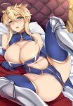  1girl absurdres ahoge arm_support armored_boots artoria_pendragon_(all) artoria_pendragon_(lancer)_(fate) bangs bare_shoulders bed blonde_hair blue_gloves blue_legwear blue_leotard blush boots braid breasts cameltoe cape center_opening cleavage cleavage_cutout clothing_cutout cross crown crown_braid elbow_gloves eyebrows_visible_through_hair fate/grand_order fate_(series) french_braid fur-trimmed_cape fur_trim gloves green_eyes hair_between_eyes highleg highleg_leotard highres large_breasts leotard leotard_pull long_hair looking_at_viewer lying navel navel_cutout on_back on_bed open_mouth pillow red_cape sidelocks skindentation solo spread_legs thighhighs xkit 
