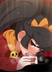  1boy 1girl ashley_(warioware) bar_censor black_hair censored crown cum_on_penis deepthroat fellatio heart heart-shaped_pupils hetero highres large_penis long_hair long_sleeves looking_at_viewer mizumizuni neckerchief oral orange_neckwear penis red_eyes red_shirt shirt skull_ornament snot steaming_body symbol-shaped_pupils tears textless twintails twitter_username warioware 