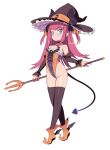  1girl bare_shoulders bell black_choker black_legwear blade_(galaxist) blue_eyes blush brown_headwear choker closed_mouth demon_tail elizabeth_bathory_(fate) elizabeth_bathory_(fate)_(all) fate/grand_order fate_(series) flat_chest full_body hat highleg highleg_leotard holding horn_ornament horns horns_through_headwear jingle_bell leotard long_hair looking_at_viewer neck_bell pink_hair pointy_ears pointy_footwear simple_background skindentation solo standing strapless strapless_leotard tail thighhighs two_side_up white_background witch_hat 
