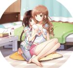  2girls arms_around_waist bangs bare_legs barefoot bed bedroom blanket blue_pants bottle braid brown_hair collared_shirt commentary_request couple curtains expressionless eyebrows_visible_through_hair eyes_visible_through_hair feet full_body futaribeya hair_between_eyes kawawa_sakurako legs light_brown_hair long_sleeves midriff midriff_peek multiple_girls nail_file nail_polish open_mouth painting_nails pants pink_shorts plaid plaid_shirt polka_dot polka_dot_pillow red_eyes seiza shirt short_shorts short_sleeves shorts sidelocks sitting sitting_on_lap sitting_on_person sitting_on_pillow sleeves_rolled_up soles sparkle swept_bangs table tissue_box toes twin_braids v-neck water_bottle wavy_hair white_shirt yamabuki_kasumi yellow_eyes yukiko_(tesseract) yuri 