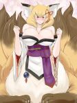  1girl animal_ear_fluff animal_ears blonde_hair blush breasts brown_eyes centauroid commentary_request eyebrows_visible_through_hair fox_ears fox_tail hair_ribbon huge_breasts japanese_clothes mon-musu_quest! monster_girl multiple_tails nanabi_(mon-musu_quest!) ribbon setouchi_(blackse) shiny shiny_skin simple_background smile tail taur wide_sleeves 