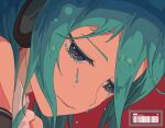  1girl absurdres aqua_eyes aqua_hair aqua_neckwear arms_at_sides bangs barcode bare_shoulders black_outline chromatic_aberration close-up collared_shirt colored_eyelashes commentary crying crying_with_eyes_open detached_sleeves expressionless eyelashes face facing_viewer half-closed_eyes hatsune_miku hatsune_miku_(nt) head_down headset highres jitome looking_down mori_(user_gdnz7828) necktie outline parted_lips piapro red_background sad shiny shiny_hair shirt simple_background sleeveless sleeveless_shirt solo streaming_tears tears vocaloid white_shirt 