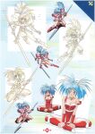  1990s_(style) 1girl armor bangs blue_eyes bracer breasts choker cleavage corque_lans faussete_amour highres holding holding_weapon indian_style leotard light_blue_hair lineart long_hair looking_at_viewer makino_ryuuichi multiple_views official_art page_number retro_artstyle scan side_ponytail sitting smile strap_slip weapon wince 