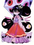  1girl bangs black_hair braid closed_mouth crown dark_matter dress eyes frilled_dress frills glasses hair_ribbon highres kirby_(series) kirby_64 long_dress long_hair long_sleeves miracle_matter n-z red_eyes ribbon ripple_star_queen round_eyewear simple_background soumenhiyamugi tilted_headwear twin_braids white_background wings 