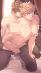  2boys abs bangs bara bed black_pants blonde_hair boots brown_hair brown_pants clothes_pull couple covering covering_crotch grabbing grabbing_from_behind gran_(granblue_fantasy) granblue_fantasy groping hair_between_eyes hand_on_another&#039;s_crotch kneeling large_pectorals looking_at_another male_focus mazjojo multiple_boys muscular muscular_male nipple_tweak nipples on_bed open_mouth pants pants_pull pectoral_grab pectorals reward_available short_hair thigh_boots thighhighs topless_male vane_(granblue_fantasy) yaoi 