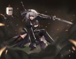  1girl absurdres android black_blindfold black_footwear black_gloves black_hairband blindfold boots breasts brown_legwear chain cleavage cleavage_cutout clothing_cutout floating gloves grass greatsword grey_hair hairband highres holding holding_sword holding_weapon katana lan_xiezi mole mole_under_mouth nier_(series) nier_automata parted_lips pod_(nier_automata) puffy_sleeves red_lips robot see-through short_hair signature smoke sparks sword teeth thigh_boots thighhighs weapon weapon_on_back yorha_no._2_type_b 
