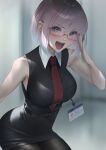  1girl bangs bare_shoulders black_dress black_legwear blush breasts dress fate/grand_order fate_(series) glasses hair_over_one_eye highres imizu_(nitro_unknown) large_breasts light_purple_hair looking_at_viewer mash_kyrielight necktie office_lady open_mouth pantyhose purple_eyes short_hair smile solo thighs 