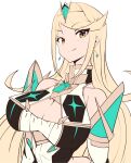  1girl absurdres bangs bare_shoulders blonde_hair breasts chest_jewel cleavage cleavage_cutout clothing_cutout dress earrings flat_color highres jewelry large_breasts long_hair mythra_(xenoblade) risumi_(taka-fallcherryblossom) short_dress solo swept_bangs tiara very_long_hair white_dress xenoblade_chronicles_(series) xenoblade_chronicles_2 yellow_eyes 