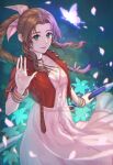  1girl aerith_gainsborough bolo_tie bow bracelet braid braided_ponytail breasts brown_hair bug butterfly cleavage cropped_jacket dress final_fantasy final_fantasy_vii final_fantasy_vii_remake flower glowing glowing_butterfly green_eyes hair_bow insect jacket jewelry ohse pink_bow pink_dress red_jacket smile solo staff 