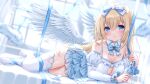  bed blonde_hair bow feathers headband long_hair ribbons skirt tagme_(character) thighhighs wings yuyuko_(yuyucocco) zettai_ryouiki 