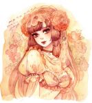  1girl blue_eyes breasts brown_hair choker cleavage dated earrings fate/grand_order fate_(series) flower frilled_sleeves frills hair_flower hair_ornament headdress hoop_earrings jewelry long_hair mata_hari_(fate) puffy_short_sleeves puffy_sleeves sakizou short_sleeves signature smile solo traditional_media watercolor_(medium) 