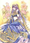  1girl blue_eyes bracelet choker earrings english_commentary fate/grand_order fate_(series) flower gold headdress highres holding holding_flower indian_clothes jewelry long_hair matou_sakura navel necklace parvati_(fate) pink_flower purple_hair sakizou smile solo traditional_media veil watercolor_(medium) 