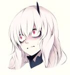  1girl albino bags_under_eyes black_horns camui_kamui commentary_request fate/grand_order fate_(series) head horns lavinia_whateley_(fate) long_hair pink_eyes quiver scared single_horn solo sweatdrop white_hair 