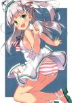  1girl ass bare_arms bare_shoulders beritabo blush breasts commentary_request dress green_eyes green_footwear grey_hair hat highres kantai_collection legs long_hair looking_at_viewer looking_to_the_side maestrale_(kancolle) mini_hat one_side_up panties sailor_collar sailor_dress sandals sleeveless sleeveless_dress small_breasts solo striped striped_panties underwear very_long_hair white_dress white_headwear white_sailor_collar 