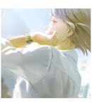  1girl blurry blurry_background brown_hair commentary_request covering_mouth earrings hand_up highres jewelry lia_kulea long_sleeves looking_at_viewer original profile shirt short_hair solo tunapon01 upper_body watch white_shirt wristwatch 