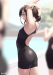  1girl 2others armpits ass black_swimsuit blurry blurry_background breasts brown_eyes brown_hair closed_mouth commentary_request from_behind jonsun looking_away multiple_others one-piece_swimsuit original pool shiori_(jonsun) short_hair small_breasts solo_focus swimsuit twitter_username wet 