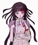  1girl apron bandaged_arm bandages bangs bare_arms black_hair blood blood_on_face bloody_clothes blunt_bangs blush danganronpa_(series) danganronpa_2:_goodbye_despair dress grey_apron grey_background highres long_hair mole mole_under_eye nosebleed nurse parted_lips pink_shirt puffy_short_sleeves puffy_sleeves renshu_usodayo shirt short_sleeves simple_background solo tsumiki_mikan upper_body 