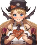  1girl black_horns black_neckwear blonde_hair blue_eyes blush breasts draph english_text eyebrows_visible_through_hair granblue_fantasy hair_ornament hallessena heart holding horns large_breasts long_hair long_sleeves looking_at_viewer necktie nhaliz off_shoulder parted_lips pointy_ears smile solo sweatdrop 