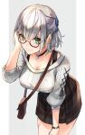  1girl absurdres bag breasts brown-framed_eyewear choker collarbone glasses green_eyes grey_background hair_tucking handbag highres hololive kyara-suro large_breasts leaning_forward looking_at_viewer plaid plaid_skirt shirogane_noel short_hair silver_hair skirt smile solo sweater two-tone_background virtual_youtuber watch white_background white_sweater wristwatch 