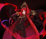  1girl absurdres armor belt black_armor black_background cape chain covered_nipples fang fate/grand_order fate_(series) flaming_eye hair_over_one_eye hand_on_hip highres holding holding_sword holding_weapon koha-ace lan_xiezi long_hair looking_at_viewer oda_nobunaga_(fate)_(all) oda_nobunaga_(maou_avenger)_(fate) open_mouth over_shoulder red_cape red_eyes red_hair red_lips signature skull solo standing sword sword_over_shoulder tongue upper_teeth vambraces very_long_hair weapon weapon_over_shoulder 