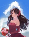  1girl ahoge bangs bare_shoulders blue_eyes bouquet breasts brown_hair cleavage cloud cloudy_sky dress elbow_gloves eyebrows_visible_through_hair fate/stay_night fate_(series) flower gloves hair_flower hair_ornament highres holding holding_bouquet long_dress long_hair looking_at_viewer patterned_clothing pink_flower pink_rose red_dress red_flower red_gloves ribbon rose shimatori_(sanyyyy) sky smile solo strapless strapless_dress tohsaka_rin 