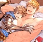  &gt;_o 2boys ;d abs alternate_pectoral_size arm_behind_head armor bangs bara bed belt blonde_hair blue_hoodie brown_eyes brown_hair commentary couple english_commentary face_to_pecs fighter_(granblue_fantasy) gauntlets gran_(granblue_fantasy) granblue_fantasy hand_on_another&#039;s_chest hand_on_another&#039;s_head hood hood_down hoodie hug large_pectorals looking_at_viewer lying lying_on_person male_focus mazjojo multiple_boys muscular muscular_male navel on_back on_bed on_person on_side one_eye_closed open_mouth pectoral_pillow pectorals pillow short_hair shoulder_armor smile teeth upper_body upper_teeth vane_(granblue_fantasy) white_day yaoi 