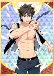  1boy abs bangs bara belt black_hair black_pants blue_eyes clenched_hand command_spell fate/grand_order fate_(series) fujimaru_ritsuka_(male) hand_up highres large_pectorals looking_at_viewer male_focus mazjojo muscular muscular_male navel nipples open_clothes open_mouth open_shirt pants pectorals shirt short_hair solo standing torn_clothes torn_pants torn_shirt white_shirt 