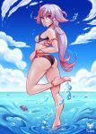  1girl anklet bare_shoulders barefoot beach bikini blue_sky breasts cloud cloudy_sky crab foxilumi fu_hua fu_hua_(phoenix) honkai_(series) honkai_impact_3rd jewelry legs long_hair looking_at_viewer looking_back multicolored_hair pinup_(style) ponytail red_eyes sky small_breasts smile solo streaked_hair summer swimsuit toes water white_hair 