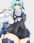  1girl blue_hair blue_neckwear breasts cowboy_shot eula_lawrence genshin_impact gloves hairband hand_on_hip highres kurokage leotard long_sleeves looking_at_viewer medium_breasts necktie solo thighhighs thighs yellow_eyes 