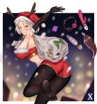  1girl absurdres anal_tail antlers antlers_through_headwear arm_up armpits ball_gag bare_shoulders blonde_hair blurry blurry_background border bow cameltoe christmas condom condom_wrapper dildo fake_tail fur-trimmed_gloves fur-trimmed_headwear fur_trim gag gloves green_bow hat highres hitachi_magic_wand holding holding_sack lan_xiezi legs no_shoes orange_eyes original outdoors over_shoulder pantyhose parted_lips platinum_blonde_hair red_headwear sack santa_costume santa_hat sex_toy signature smile snow snowing solo tail torn torn_sack vibrator white_border 
