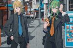  2girls bag belt black_jacket black_pants black_shirt blonde_hair blue_eyes blue_neckwear bow bracelet casual cowboy_shot earrings expressionless formal green_eyes green_hair ground_vehicle gumi hair_bow hairband hand_in_hair hand_in_pocket handbag highres holding holding_phone jacket jewelry kagamine_rin medium_hair motor_vehicle multiple_girls necktie orange_neckwear outdoors pants phone road shirt short_hair sidelocks sideways_glance standing street suit truck vocaloid white_bow wounds404 