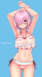  1girl armpits arms_up ass_visible_through_thighs bangs bare_shoulders bikini blush breasts cleavage collarbone fate/grand_order fate_(series) glasses hair_over_one_eye kouzuki_tsubasa_(musou_kaidou) large_breasts light_purple_hair looking_at_viewer mash_kyrielight multicolored multicolored_bikini multicolored_clothes navel purple_eyes rainbow_bikini sheer_clothes short_hair smile solo striped striped_bikini swimsuit swimsuit_of_perpetual_summer_ver.02 thighs 