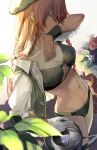  1girl abs arm_up beret bloom blurry braid breasts cleavage closed_eyes covering_mouth depth_of_field feet_out_of_frame flower from_above hat highres hong_meiling long_hair medium_breasts navel open_clothes open_shirt profile red_flower red_hair risui_(suzu_rks) rose solo touhou twin_braids very_long_hair watering_can 