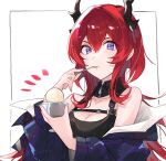  1girl arknights bangs bare_shoulders black_dress border breasts chest_strap cleavage collarbone cup dress eating food highres holding holding_cup horns ice_cream jacket long_hair looking_at_viewer notice_lines off_shoulder purple_eyes red_hair sidelocks solo spoon surtr_(arknights) upper_body utensil_in_mouth white_background yakota_(usuk-yako) 