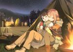  3girls alternate_hair_length alternate_hairstyle arms_around_neck backpack bag blue_hair boots brazier camping candle closed_eyes coat commentary cross-laced_footwear crossed_arms cup dishes glasses grass happy hotaru_iori hug hug_from_behind jacket kagamihara_nadeshiko kagamihara_sakura lace-up_boots lamp light_blush medium_hair mountainous_horizon mug multiple_girls night night_sky one_eye_closed open_mouth outdoors pants pink_hair plate poncho purple_eyes purple_hair shima_rin siblings sisters sitting sky smile star_(sky) starry_sky sweater table tablecloth tent thermos tree winter_clothes yuri yurucamp 