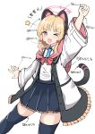  &gt;_o 1girl ;d absurdres animal_ears arm_up arrow_(symbol) black_legwear black_skirt blonde_hair blue_archive blue_neckwear blush bow cat_ear_headphones cat_ears cat_tail clenched_hand collared_shirt fake_animal_ears frilled_jacket frilled_skirt frills hair_bow halo headphones highres jacket long_sleeves momoi_(blue_archive) moyoron necktie off_shoulder one_eye_closed open_clothes open_jacket open_mouth pink_eyes pleated_skirt red_bow shirt short_necktie simple_background skirt smile solo star_(symbol) tail thighhighs translation_request white_background white_jacket white_shirt wide_sleeves 