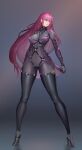  1girl absurdres armor bodystocking bodysuit breasts covered_navel dark_night_(darkotl) fate/grand_order fate_(series) highres large_breasts long_hair pauldrons purple_hair red_eyes scathach_(fate) scathach_(fate)_(all) shoulder_armor skin_tight smile solo thighhighs very_long_hair 