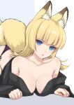  1girl absurdres animal_ear_fluff animal_ears bangs banned_artist bare_shoulders blonde_hair blue_eyes blunt_bangs breasts commentary_request fox_ears fox_tail highres large_breasts long_hair looking_at_viewer off_shoulder original parted_lips shimizu_akina solo tail 