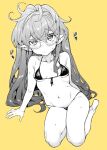  1girl alspia_(granblue_fantasy) arm_support bikini black_bikini blush breasts commentary_request front-tie_top full_body glasses granblue_fantasy hairband long_hair looking_at_viewer monochrome mushi024 petite pointy_ears simple_background sitting small_breasts solo sweat swimsuit yellow_background yokozuwari 