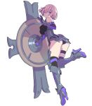  1girl absurdres armor armored_boots armored_leotard ass backlighting bangs black_armor black_gloves black_legwear black_leotard blush boots breastplate breasts elbow_gloves fate/grand_order fate_(series) faulds from_side gloves greaves hair_over_one_eye hand_up head_tilt high_heel_boots high_heels highres holding holding_shield impossible_clothes impossible_leotard kneepits large_breasts leaning_forward leg_lift leotard leotard_under_clothes looking_at_viewer looking_back looking_to_the_side mash_kyrielight multicolored multicolored_clothes multicolored_gloves one_eye_covered outstretched_arm parted_bangs parted_lips pink_hair purple_eyes purple_gloves shade shadow shield shiny shiny_hair short_hair simple_background skindentation solo standing standing_on_one_leg thigh_boots thigh_strap thighhighs thighs underbust vambraces white_background yamashita_shun&#039;ya 