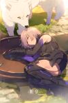  1girl armor armored_dress bangs bare_shoulders black_legwear black_leotard breasts closed_eyes echo_(circa) elbow_gloves fate/grand_order fate_(series) gloves large_breasts leotard light_purple_hair lying mash_kyrielight on_side purple_gloves shield short_hair sleeping thigh_strap thighhighs thighs translation_request wolf 