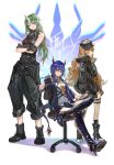  3girls absurdres arknights armor bare_arms black_footwear black_gloves black_headwear black_jacket black_pants blue_hair blue_jacket blue_shorts boots breastplate ch&#039;en_(arknights) chair clay_(clayjun) closed_mouth clothes_around_waist collared_shirt commentary_request crossed_arms dragon_horns fingerless_gloves full_body gloves green_eyes green_hair hat high_heel_boots high_heels highres holding_walkie-talkie horns hoshiguma_(arknights) jacket jacket_around_waist long_hair looking_at_viewer multiple_girls necktie office_chair oni_horns open_clothes open_jacket orange_hair pants red_eyes shirt shorts single_horn sitting swire_(arknights) thigh_boots thigh_strap thighhighs twintails v-shaped_eyebrows walkie-talkie white_background white_shirt yellow_neckwear 