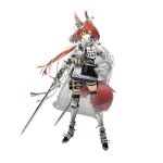  1girl animal_ears arknights armor armored_boots belt belt_pouch boots brown_eyes closed_mouth eyebrows_visible_through_hair full_body gauntlets gorget greaves hand_on_hip helmet holding holding_sword holding_weapon long_hair looking_at_viewer norizc official_art pauldrons ponytail pouch red_hair ribbon shoulder_armor shoulder_strap smile solo sonna_(arknights) standing sword tail thigh_boots thigh_pouch thigh_strap thighhighs transparent_background utility_belt weapon white_ribbon 