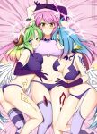  +_+ 3girls ahoge angel_wings arm_tattoo arms_up ass azriel_(no_game_no_life) bangs bed_sheet bikini blue_eyes blue_hair blush bound bound_wrists breasts cleavage closed_mouth commission crop_top english_commentary eyebrows_visible_through_hair facial_tattoo feathered_wings frown gloves gradient_hair green_hair groin hair_between_eyes hair_over_one_eye halo heterochromia horns jibril_(no_game_no_life) large_breasts lindaroze long_hair looking_at_viewer low_wings lying midriff mismatched_legwear multicolored_hair multiple_girls navel no_game_no_life on_back on_bed on_side panties pink_hair pink_shirt purple_bikini purple_gloves purple_legwear purple_panties purple_shirt raphael_(no_game_no_life) shirt sidelocks single_thighhigh skindentation sleeveless sleeveless_shirt smile smirk striped striped_legwear swimsuit symbol-shaped_pupils tattoo thighhighs underwear very_long_hair watermark web_address white_wings wing_ears wings yellow_eyes 