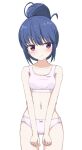  1girl ass_visible_through_thighs bangs bare_arms bare_shoulders blue_hair blush bow bow_panties bra breasts closed_mouth collarbone eyebrows_visible_through_hair hair_bun head_tilt highres hippo_(hirople) navel panties pink_bra pink_panties purple_eyes shima_rin simple_background small_breasts solo underwear underwear_only white_background yurucamp 
