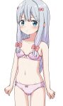  1girl bangs bare_arms bare_shoulders blue_eyes blush bow bow_bra bow_panties bra breasts closed_mouth collarbone eromanga_sensei eyebrows_visible_through_hair grey_hair groin hair_bow highres hippo_(hirople) izumi_sagiri long_hair looking_at_viewer navel panties pink_bra pink_panties red_bow simple_background small_breasts solo underwear underwear_only v-shaped_eyebrows very_long_hair white_background 