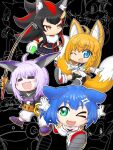  4girls :3 ;d =v= ahoge alternate_eye_color alternate_hair_color animal_ears belt big_the_cat black_hair black_shorts black_skirt blonde_hair blue_eyes blue_hair blush bone_hair_ornament breasts cat_ears chaos_emerald chibi closed_eyes dog_ears dress ear_piercing fang fishing_rod fox_ears gloves green_eyes hair_ornament highres hololive hood hood_down inugami_korone jacket karuke_(sss016) multiple_girls multiple_tails navel nekomata_okayu one_eye_closed ookami_mio open_mouth orange_eyes pants piercing red_hair running shadow_the_hedgehog shirakami_fubuki shorts skirt slit_pupils smile sonic_(series) sonic_the_hedgehog tail tails_(sonic) two_tails virtual_youtuber white_dress white_gloves white_pants wolf_ears yellow_jacket 