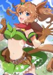  1girl :d animal_ears bandeau bangs bare_shoulders belt blue_eyes blue_sky blurry blurry_background blush boots breasts brown_belt brown_gloves brown_hair cleavage clenched_hand cloud commentary cowboy_boots cowboy_hat cowboy_shot day detached_sleeves eyebrows_visible_through_hair floating_hair front-tie_top gloves green_skirt gun hair_between_eyes hair_ornament handgun hands_up hat hat_on_back holstered_weapon horse_ears horse_girl horse_tail horseshoe large_breasts long_hair looking_at_viewer midriff mitei_(ho1_ho10) navel open_mouth outdoors pistol ponytail purple_legwear red_scarf scarf sheriff_badge sidelocks skirt sky smile solo standing star_(symbol) star_hair_ornament star_print taiki_shuttle_(umamusume) tail thighhighs umamusume upper_teeth weapon zettai_ryouiki 